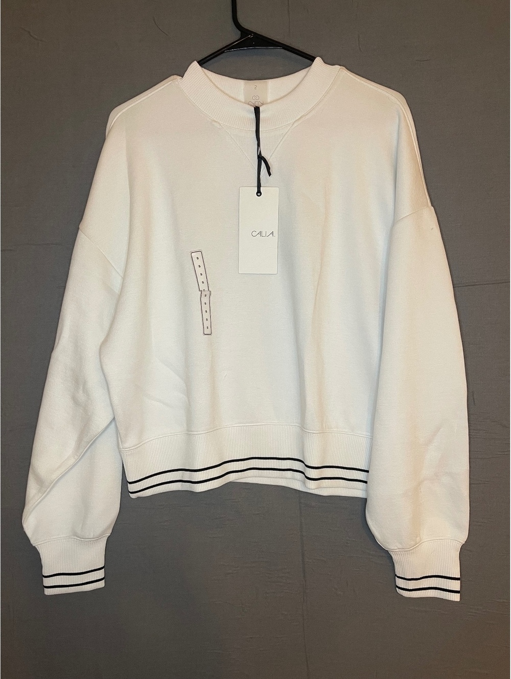 NWT CALIA Women's White Striped Rib-TrimCrop Crewneck Sweater Size S